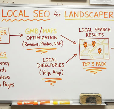 Whiteboard showing local SEO for Landscapers