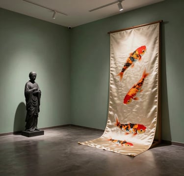A wide-angle, minimalist shot of a high-end design studio in a East Asian / South Asian influenced for a global luxury audience setting. Muted sage green accents on the walls, a single charcoal black sculpture, and a spotlight on a silk koi-fish tapestry draped over a wooden frame, captured with soft, moody lighting.
