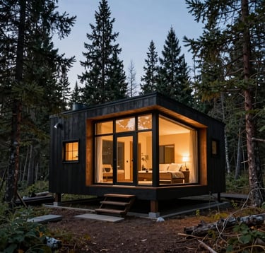 A stunning architectural photograph of a modern, eco-friendly cabin made of dark wood and glass, situated in a high-altitude North American forest. Dusk lighting creates a warm, inviting glow from the windows against the deep green pine trees and dark forest floor.