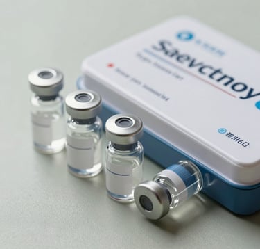 Close-up photography of a high-end medical diagnostic kit and glass vials on a clean, light sage surface. The aesthetic is clinical yet sophisticated, suggesting advanced Western health science. Soft daylight illuminates the scene, highlighting precision and modern scientific authority.