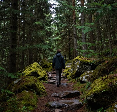 A person walking mindfully through a lush, damp North American evergreen forest. The perspective is from behind, showing a serene path surrounded by mossy rocks and tall pines. The lighting is diffused and atmospheric, evoking a sense of grounded tranquility and natural serenity.