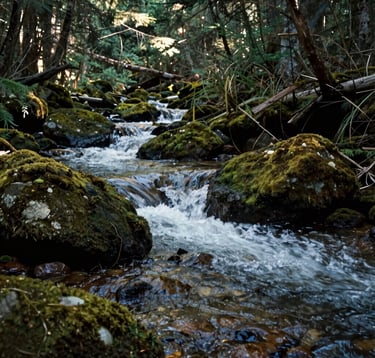 A pristine mountain stream in a North American forest, with clear water rushing over mossy dark green stones. Dappled sunlight filters through the canopy, creating a scene of intellectual depth and natural purity, representing the 'upstream' health philosophy.