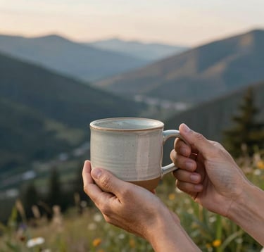 In a peaceful North American outdoor setting, a pair of hands holds a handcrafted ceramic mug. The background shows a soft-focus mountain valley during the golden hour, symbolizing a grounded and personalized approach to health and well-being.
