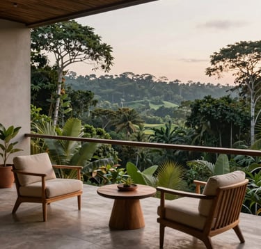 A luxury eco-lodge balcony overlooking the dense Amazon rainforest at dawn, minimalist wooden furniture in sand and terracotta tones, South American / Brazilian architecture, soft natural lighting.