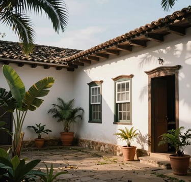 Photography of an elegant colonial courtyard in a historic Brazilian town, featuring white stucco walls and dark wooden beams, lush tropical plants in clay pots, soft afternoon shadows, South American / Brazilian architecture.