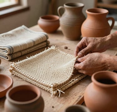 Close-up of authentic Brazilian craftsmanship, focusing on hand-woven textiles and ceramic pottery in sand and terracotta tones, soft natural indoor lighting, South American / Brazilian artisan workshop.