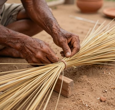 Close-up of a local craftsman hands working with golden grass in a South American / Brazilian village setting, warm earthy lighting, sand and terracotta palette, authentic textures.