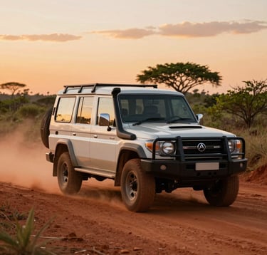 A luxury expedition 4x4 vehicle driving through a dusty, red-earth road in a South American / Brazilian savannah, sunset lighting with shades of orange and deep green in the background.