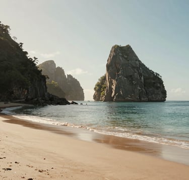 A serene and empty tropical beach in Brazil with dramatic rock formations and calm crystal-clear water, early morning light, minimalist composition, South American / Brazilian landscape.