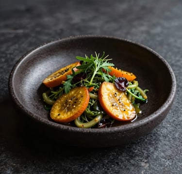 High-end culinary photography of a modern Brazilian dish featuring native Amazonian fruits and fresh herbs, served on dark stoneware in a moody, elegant setting, highlighting rich greens and deep orange colors.