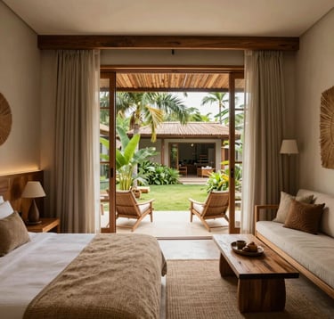 Interior of a modern Brazilian boutique hotel room with minimalist decor, featuring sustainable wood and natural fibers, open view to a lush garden, South American / Brazilian architecture.
