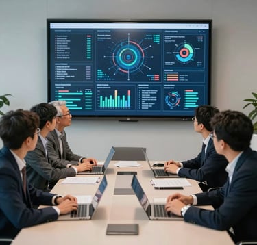 A collaborative team of diverse professionals in a high-tech boardroom in the US, discussing a project on a large screen displaying complex data visualizations. The atmosphere is professional, focused, and innovative.