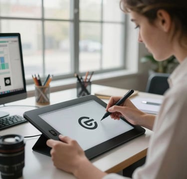 A creative professional in a bright US-based design studio, focusing on a drawing tablet while working on a sleek logo concept, professional attire, soft daylight from a large window illuminating the creative workspace.