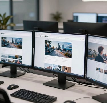 A sharp, eye-level photograph of multiple high-resolution monitors displaying a complex website layout in a modern North American creative studio. The background is a clean, organized office space.