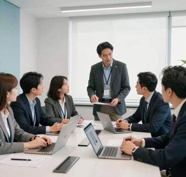 A professional North American team in a bright, modern conference room discussing a website layout. The lighting is natural and clean, highlighting a collaborative and reliable business atmosphere with white and light blue accents in the decor.