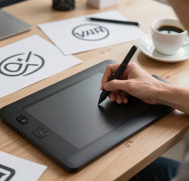 Close-up of a designer's hand using a stylus on a high-end digital drawing tablet in a bright North American creative studio. On the wooden desk, there are sketches of abstract logos and a cup of coffee. The lighting is natural and crisp.