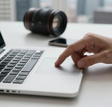 A macro photograph of a professional's hand navigating a sleek, modern laptop trackpad. The workspace is bright and airy with high-end tech accessories and a blurred North American city background.