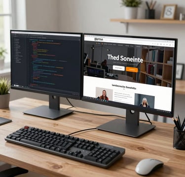 A professional desk setup in a bright North American home office, showing a dual-monitor system displaying a modern website's source code and a live preview. A sleek laptop and a mechanical keyboard are visible.
