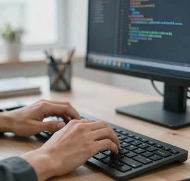 Close-up photography of a professional developer's hands typing on a modern keyboard in a bright, North American office. A monitor in the background shows clean lines of website code with a soft focus, emphasizing technological proficiency and expertise.