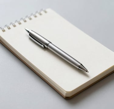 A minimalist, clean photograph of a high-quality silver ballpoint pen resting on a blank white sketchbook. The setting is bright and professional with soft shadows on a light gray surface.
