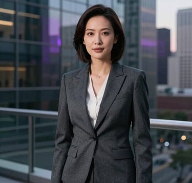 A professional headshot of a female executive in a charcoal tailored suit, standing in a modern glass office in a North American city. Soft evening light creates a premium atmosphere with hints of dark purple in the shadows. North American / US setting.