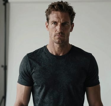 A high-contrast, moody editorial portrait of a professional athlete in a moment of intense focus. The lighting is dramatic and sculpted, emphasizing texture and form. Set in a quiet, minimalist Northern European studio environment with charcoal and off-white tones. The mood is confident and understated, reflecting a premium storytelling aesthetic.