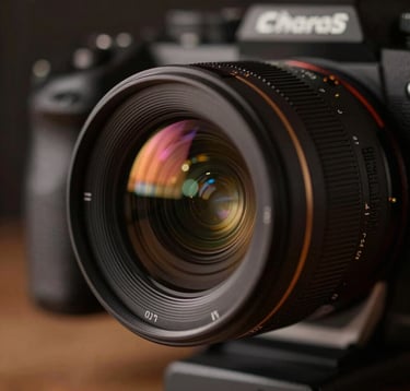 A close-up, high-contrast detail shot of an expensive professional film camera lens reflecting neon city lights. The color palette is dominated by dark browns (#3D2C20) and blacks (#0A0A0A), creating a sophisticated, behind-the-scenes aesthetic that emphasizes production quality.