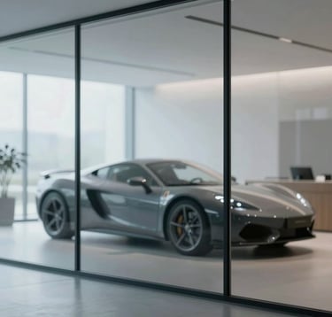 The minimalist, glass-walled office of a luxury car concierge. Through the glass, a blurred silhouette of a classic sports car is visible. Sophisticated and professional atmosphere with #E8E9F3 highlights.