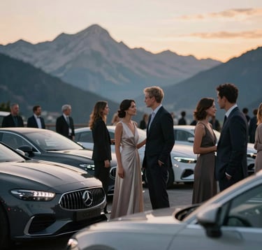 A group of elegant people in evening attire standing by luxury cars during a sunset rally event in the Alps. Soft, warm lighting contrasting with the cool mountain peaks. Sophisticated and exclusive atmosphere. Palette includes hints of #272635 and #CECECE.