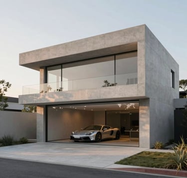 An ultra-modern, minimal concrete villa with a clean glass garage displaying a silver sports car. Soft evening light, long shadows. The architectural aesthetic reflects the 'premium lifestyle' of ALTA STRADA. Neutral tones consistent with #CECECE and #E8E9F3.