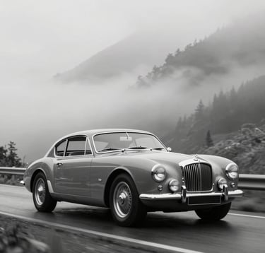 Black and white artistic photograph of a vintage luxury car speeding through a misty mountain pass. Motion blur on the wheels, sharp focus on the sleek silhouette. High contrast, elegant and timeless. Reflects heritage and performance in #272635 and #A6A6A8 tones.