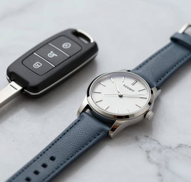 A detail shot of a luxury car key and a designer watch resting on a marble surface. The focus is sharp on the textures of leather and metal. Minimalist composition using #E8E9F3 and #272635 to evoke personalized service and time-saving convenience.
