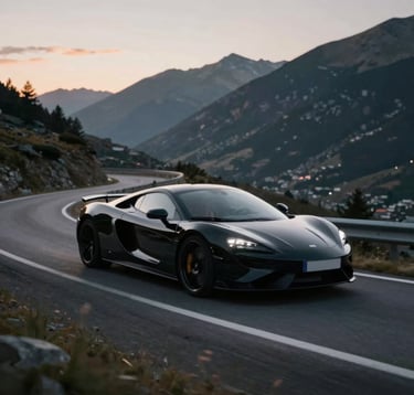 A sleek, black modern supercar driving through the winding mountain roads of Andorra at twilight. Muted tones of #A6A6A8 in the sky and sharp highlights on the car's body.