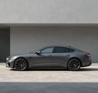 A side profile shot of a luxury German grand tourer in a matte charcoal finish. The car is positioned in a minimalist architectural setting with clean lines and soft shadows. High-end lifestyle vibe, reflecting the #272635 and #A6A6A8 color scheme.