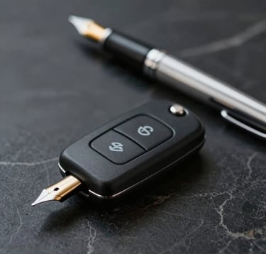 Macro shot of a luxury car key resting on a dark marble surface. Beside it, a silver fountain pen. The composition is minimal, emphasizing high-end service and administrative perfection. Colors: #272635, #E8E9F3.