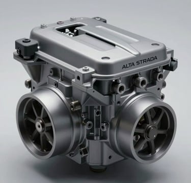 Close-up of a precision-engineered engine component of a modern supercar. Clean lines, metallic surfaces in #CECECE and #A6A6A8. Studio lighting that emphasizes the technical perfection and performance nature of ALTA STRADA. Minimalist and sharp focus.