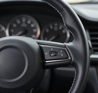 Close-up detail of a hand-stitched leather steering wheel and a classic analog dashboard clock of a premium automobile. The focus is on the fine textures and the craftsmanship. Neutral lighting with #A6A6A8 and #272635 palette.