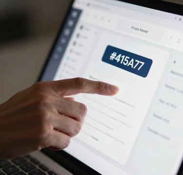 Close-up of a designer's hands interacting with a clean, high-contrast digital interface. The shot is artistic and professional, focusing on the expertise and craft. Tones of #415A77 and #E0E1DD are used in the screen's UI and surrounding lighting. High-quality, sharp focus.