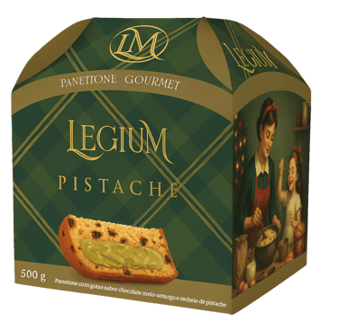 Panettone Gourmet Legium Pistache tem fermentação natural, recheio cremoso e cobertura de pistache.