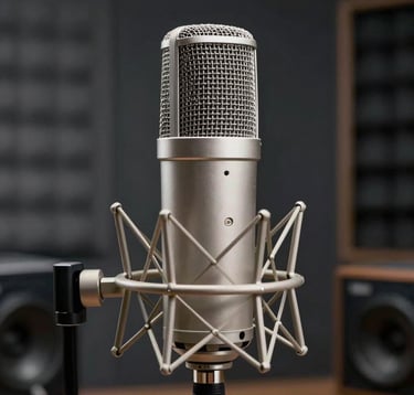 A close-up photograph of a professional silver microphone in a dark urban studio, South American / Colombian setting. Soft mist white highlights catch the edges of the equipment, with a blurred background of charcoal studio panels. High-end cinematic style with a focus on craftsmanship.