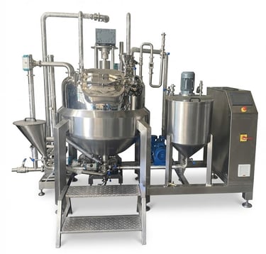 Stainless steel industrial vacuum emulsifying mixer machine for pharmaceutical and cosmetic processing.