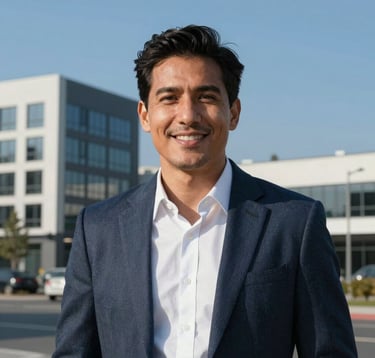 A professional portrait of a man in smart-casual international business attire standing in front of a modern commercial development site under a clear blue sky. He has a grounded and approachable expression, looking directly at the camera with a warm smile.