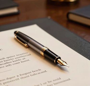 A high-detail shot of a luxury fountain pen with a Metallic Gold nib signing an official document on an Ivory textured paper. The setting is a prestigious South Asian / Indian boardroom with Dark Slate accents and professional, warm ambient lighting.