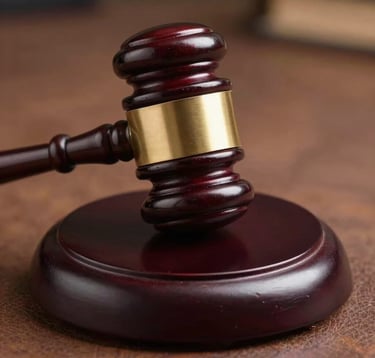 A close-up photograph of a polished wooden gavel resting on a leather desk surface. Metallic gold accents on the gavel head catch the light, creating an authoritative and premium mood in a South Asian legal setting.