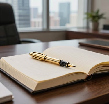 A high-end professional desk setting in a South Asian executive office, featuring a luxury gold fountain pen resting on a thick, ivory-paged legal book. Soft daylight filters through large windows overlooking a prestigious business district.