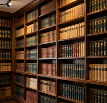A sophisticated South Asian private law library with floor-to-ceiling dark wood shelving. Warm, golden spotlighting illuminates specific volumes, creating a rich and intellectually prestigious environment.