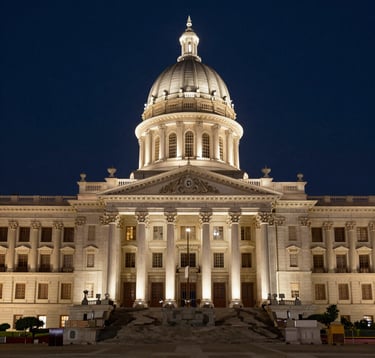 A high-angle, wide shot of the grand columns and classical architecture of an Indian High Court building at twilight. The sky is a deep midnight navy, and the building is illuminated with sophisticated ivory lighting.