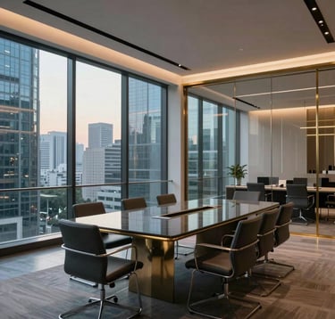 A wide, cinematic shot of a modern glass-walled boardroom in a South Asian city during the evening. The interior features minimalist furniture and elegant metallic gold accents, reflecting an atmosphere of elite professional power.