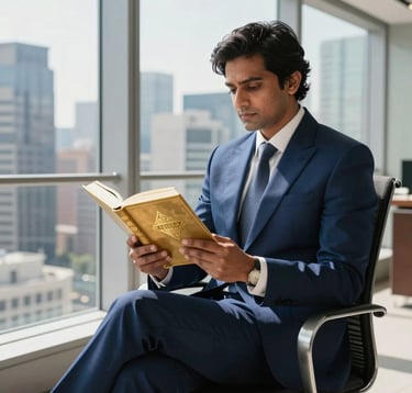 An elegant South Asian tax expert in a tailored navy blue suit sitting in a sun-drenched, modern office with floor-to-ceiling windows overlooking a metropolitan skyline, holding a gold-leaf book.