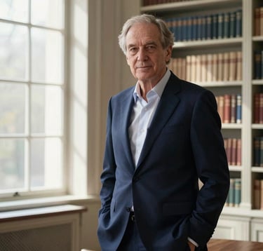 A professional portrait of a distinguished male author in his late 50s, wearing a tailored navy suit, standing in a sophisticated private law library. Soft sunlight filters through tall windows, highlighting ivory bookshelves.